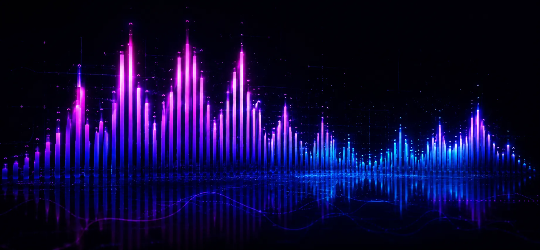 Purple and blue spectrum analyser bars on a dark display