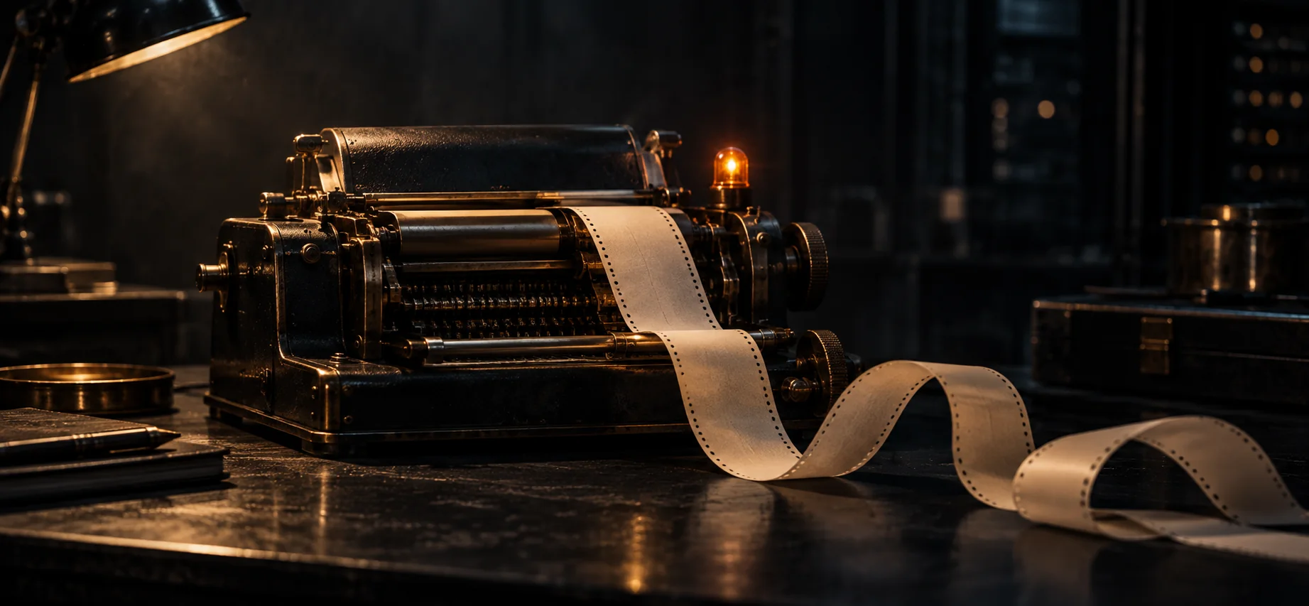 Vintage brass teleprinter spilling paper tape across a dark desk beside a glowing amber lamp