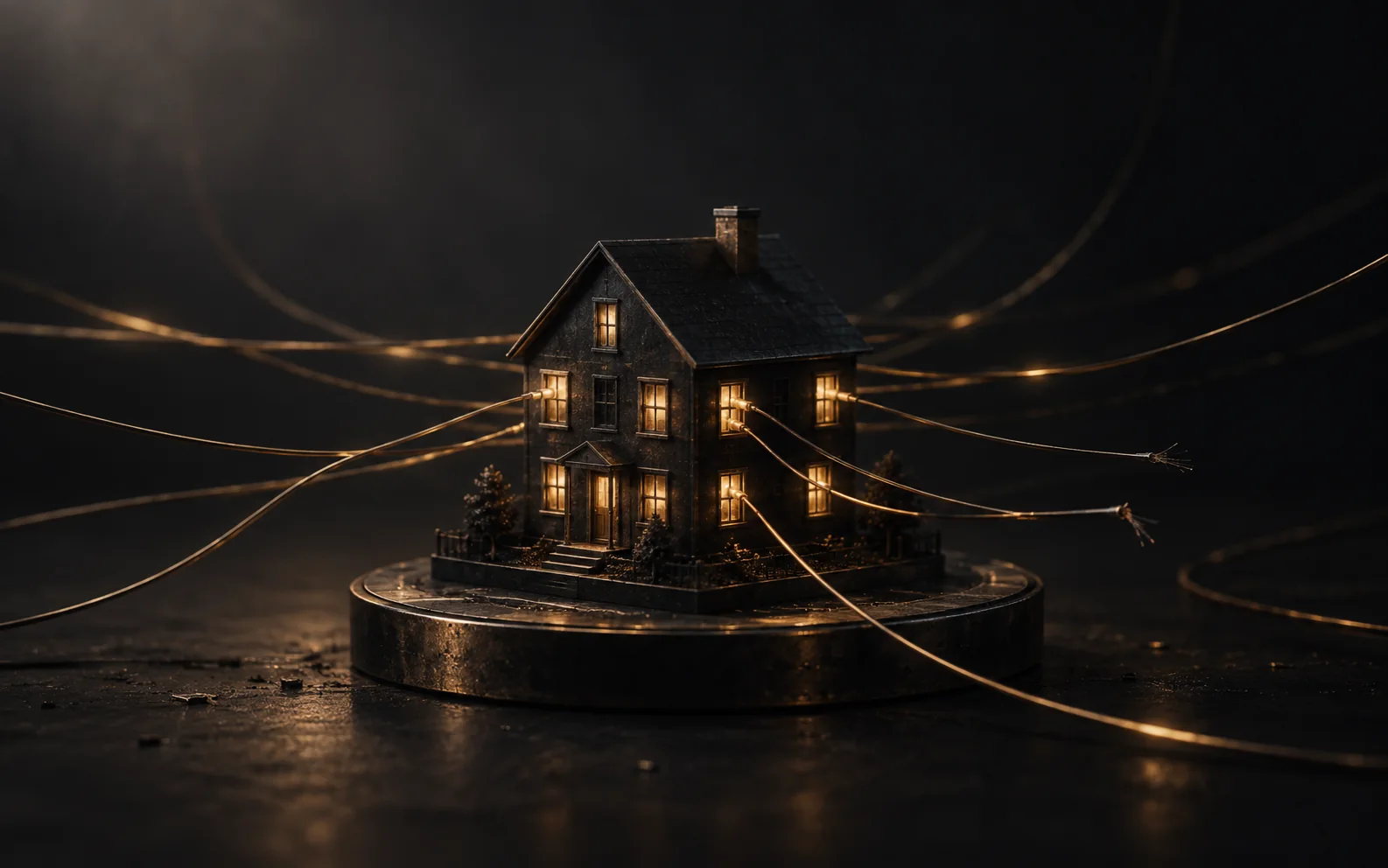 Model house at night with brass threads running from its lit windows into the dark, two of them cut