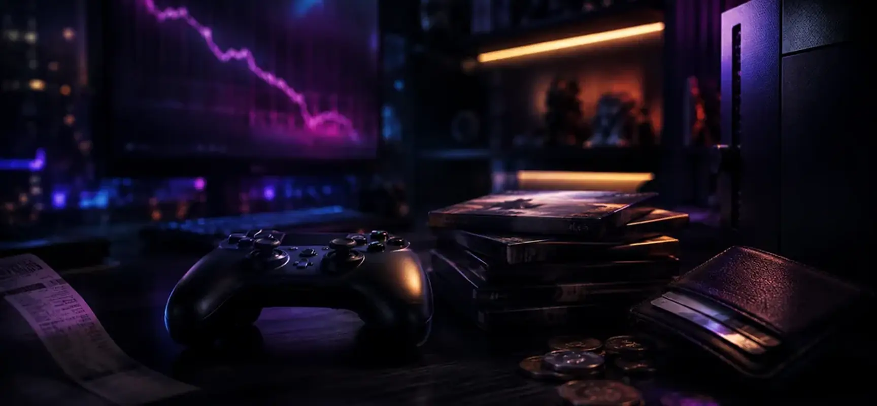 Game controller, a stack of games and a wallet on a dark desk beneath a falling purple chart