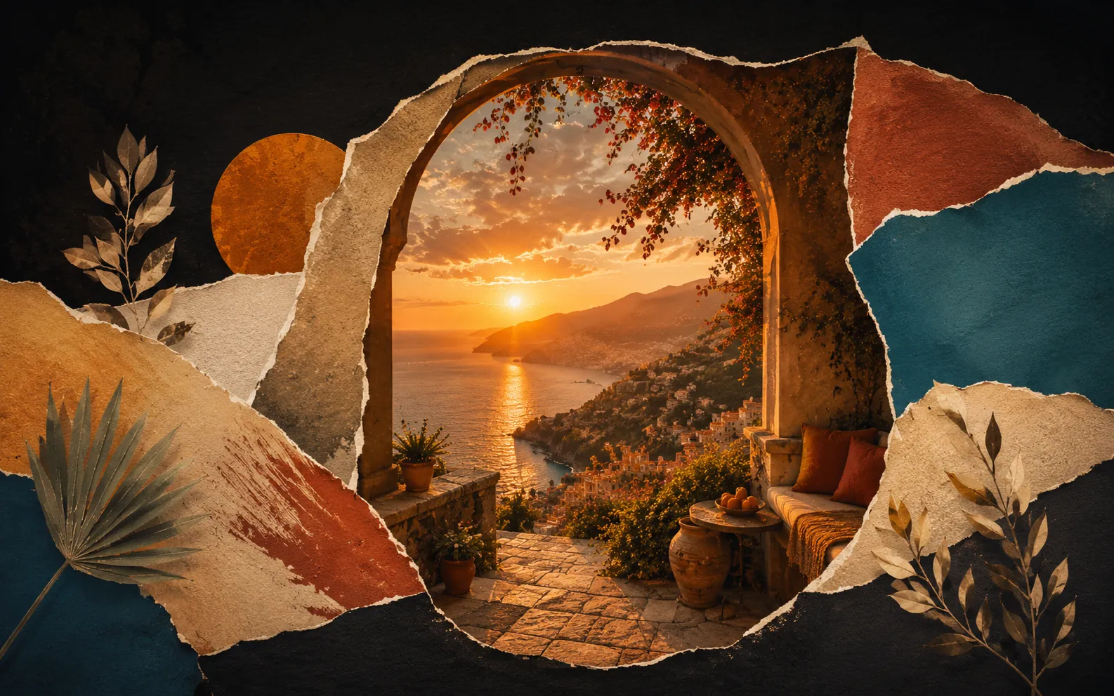 Torn paper collage framing a Mediterranean terrace at sunset in terracotta, amber and teal