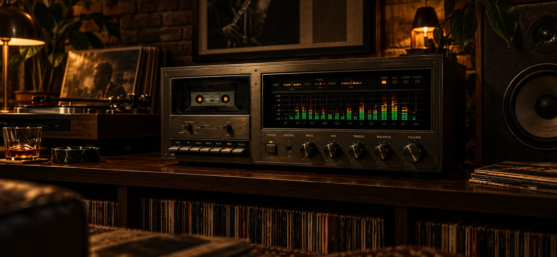 Premium retro hi-fi system with cassette deck and spectrum display