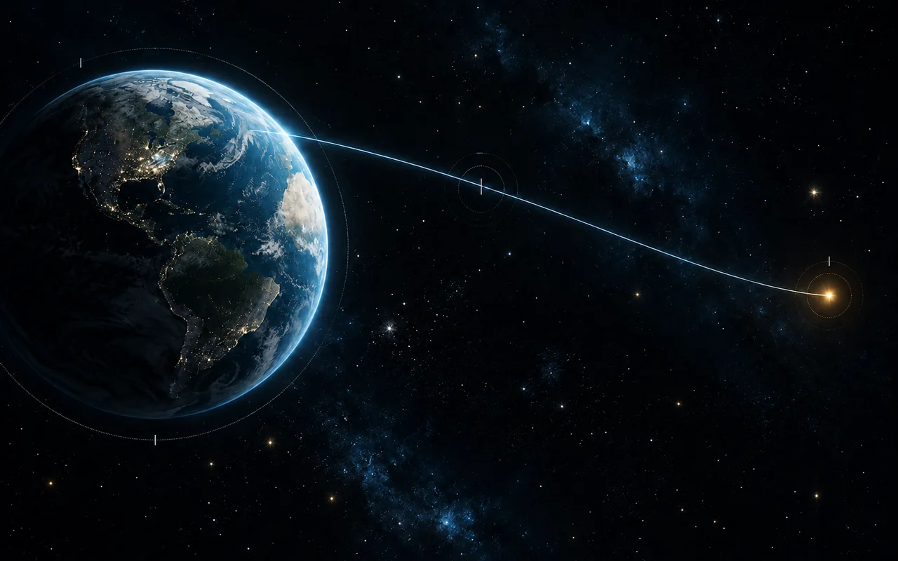 Earth at the left with a lit trajectory curving away to a distant golden star