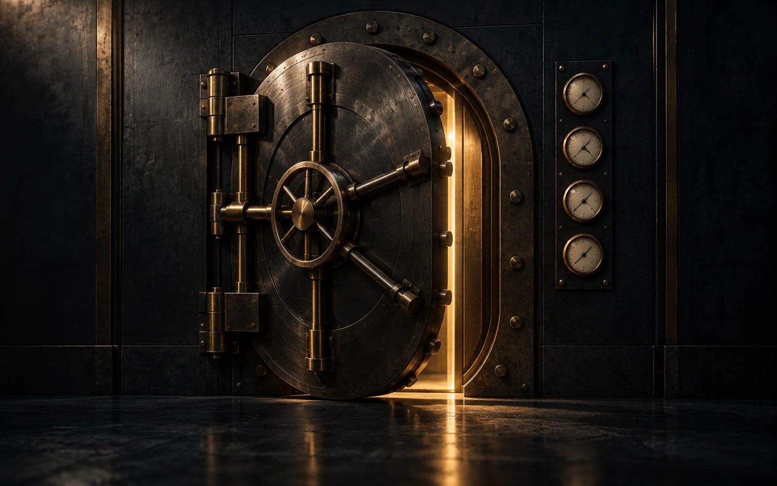 Brass vault door standing ajar with warm light escaping and four gauges beside the frame