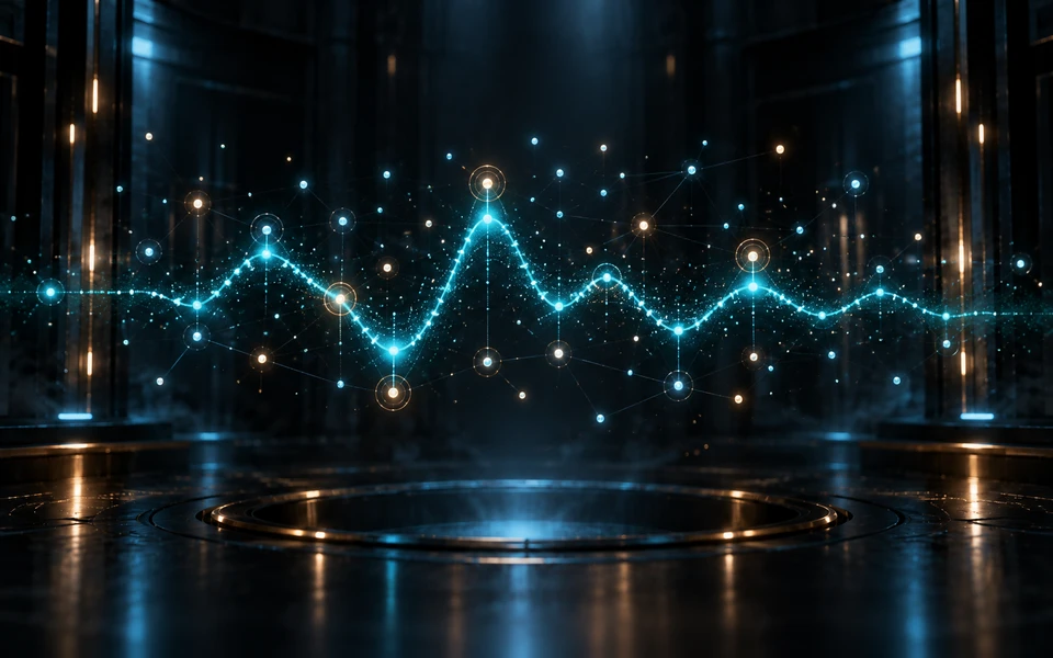 Cyan heartbeat waveform sweeping across a field of glowing network nodes