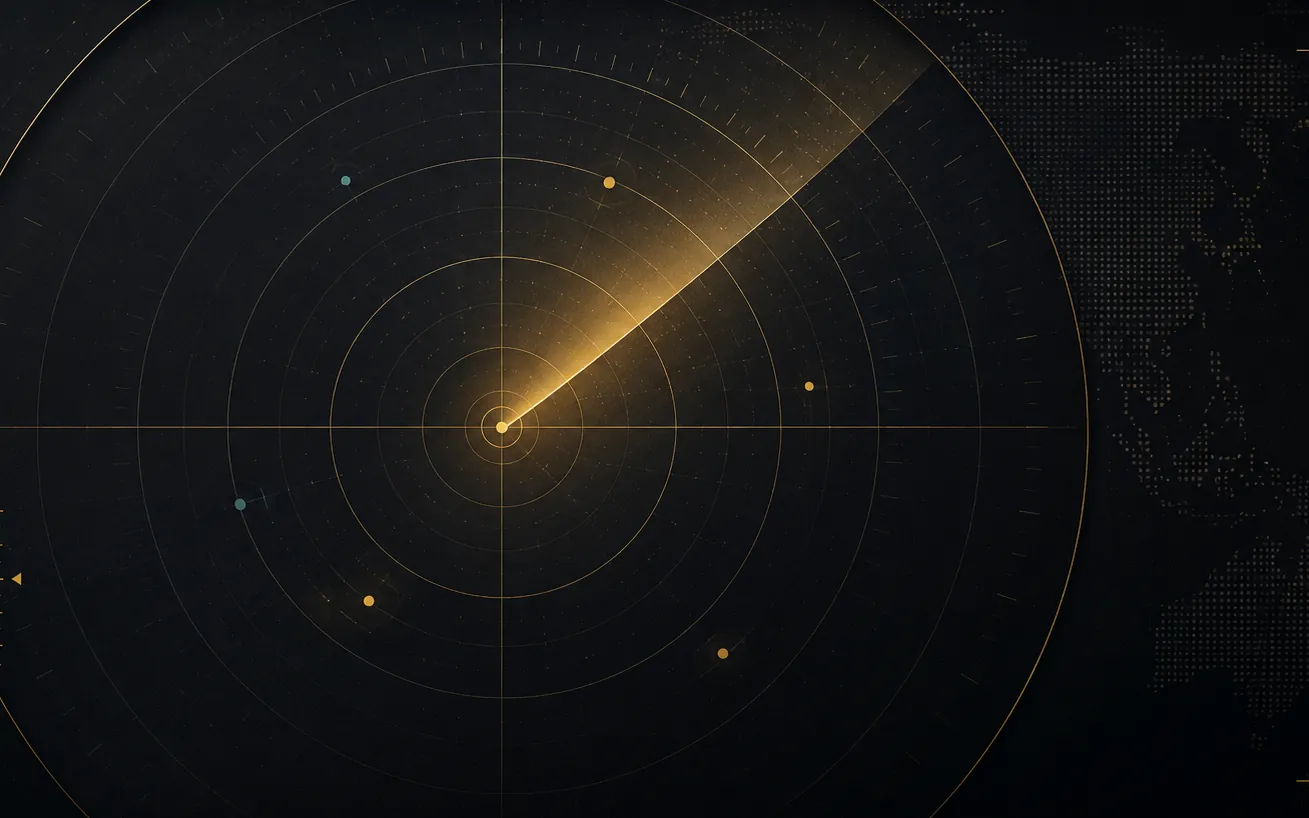 Dark radar scope with a brass sweep and scattered contact blips
