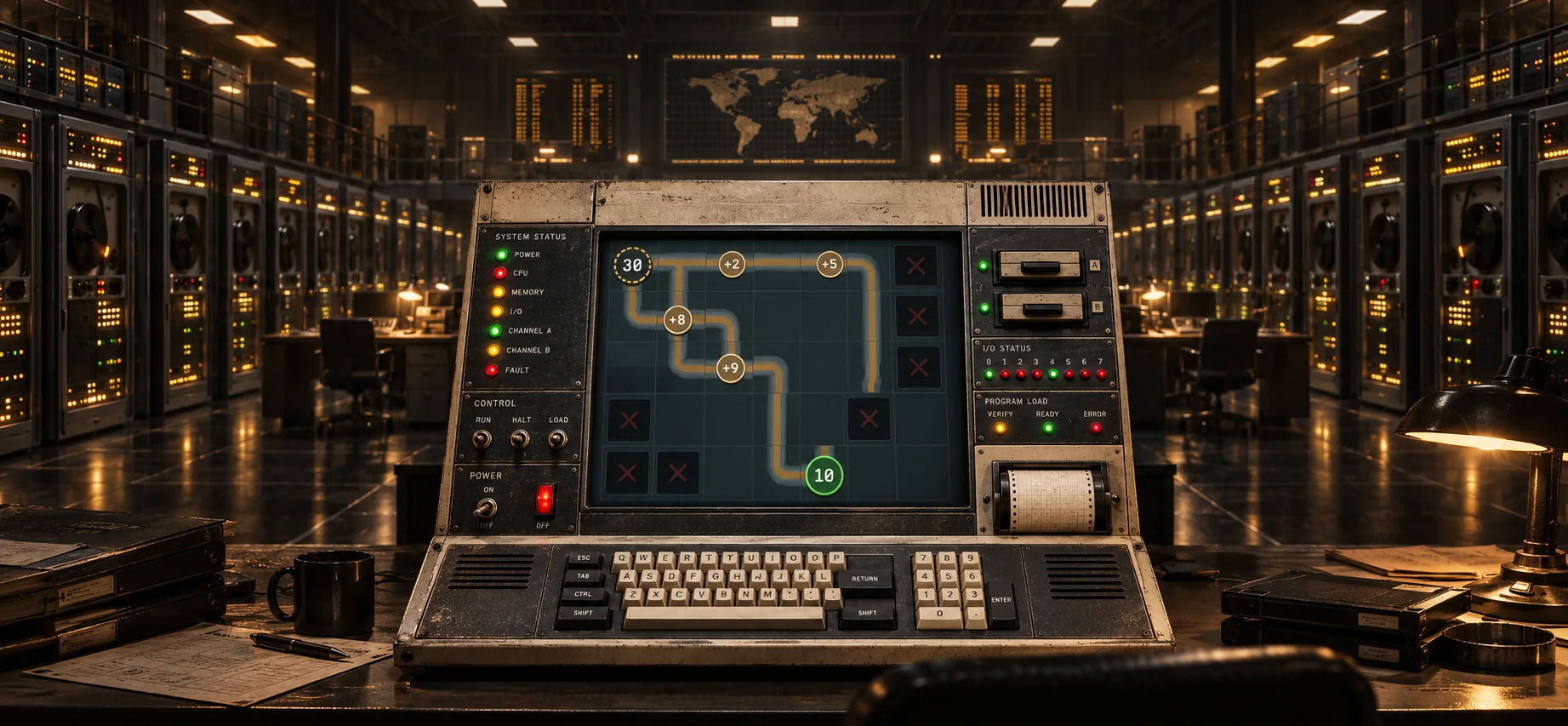 Vintage computer console showing a circuit routing puzzle in a dark data hall