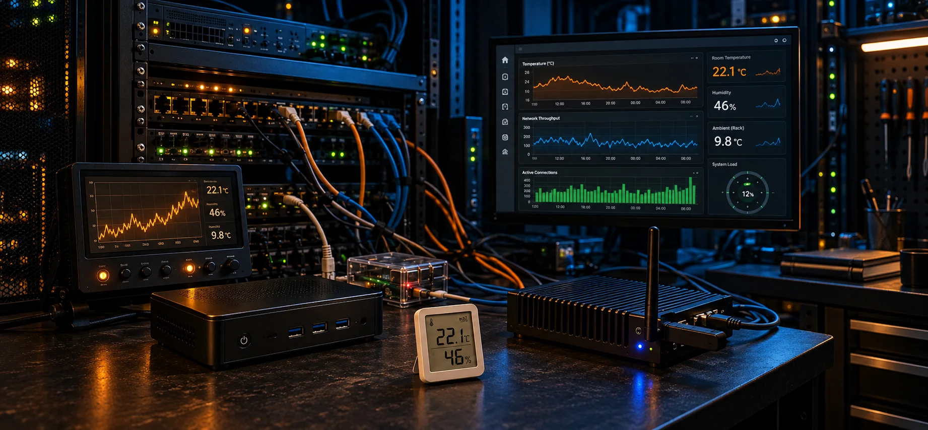 Warm amber temperature and humidity monitoring display