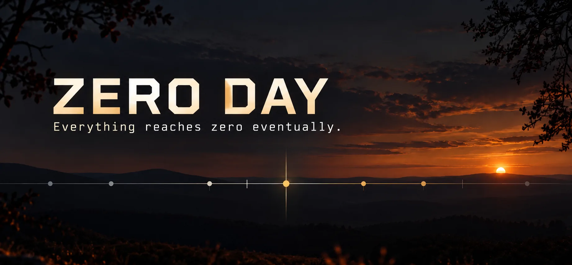 Zero Day wordmark above a glowing timeline at dusk